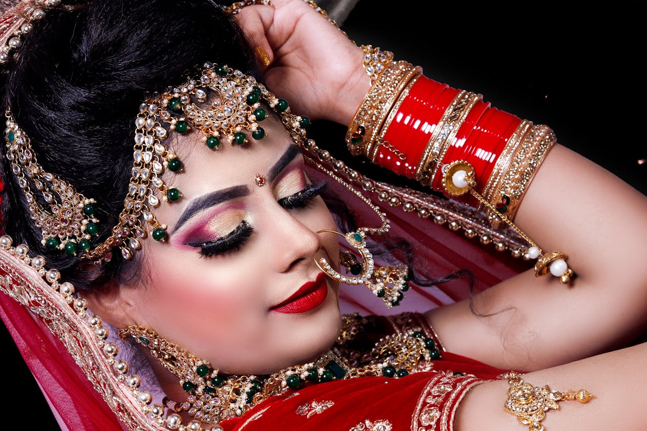 Close-up of an Indian bride showcasing ornate jewelry and vibrant traditional attire.