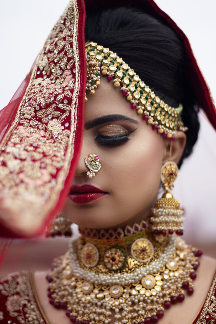 Close-up of a beautiful South Asian bride in luxurious traditional attire and jewelry.